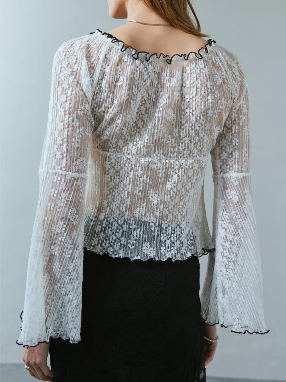 URBAN OUTFITTERS KIMCHI BLUE Lovisa Lace Plisse Flyaway Blouse Boho Bow Sheer S - Picture 2 of 7